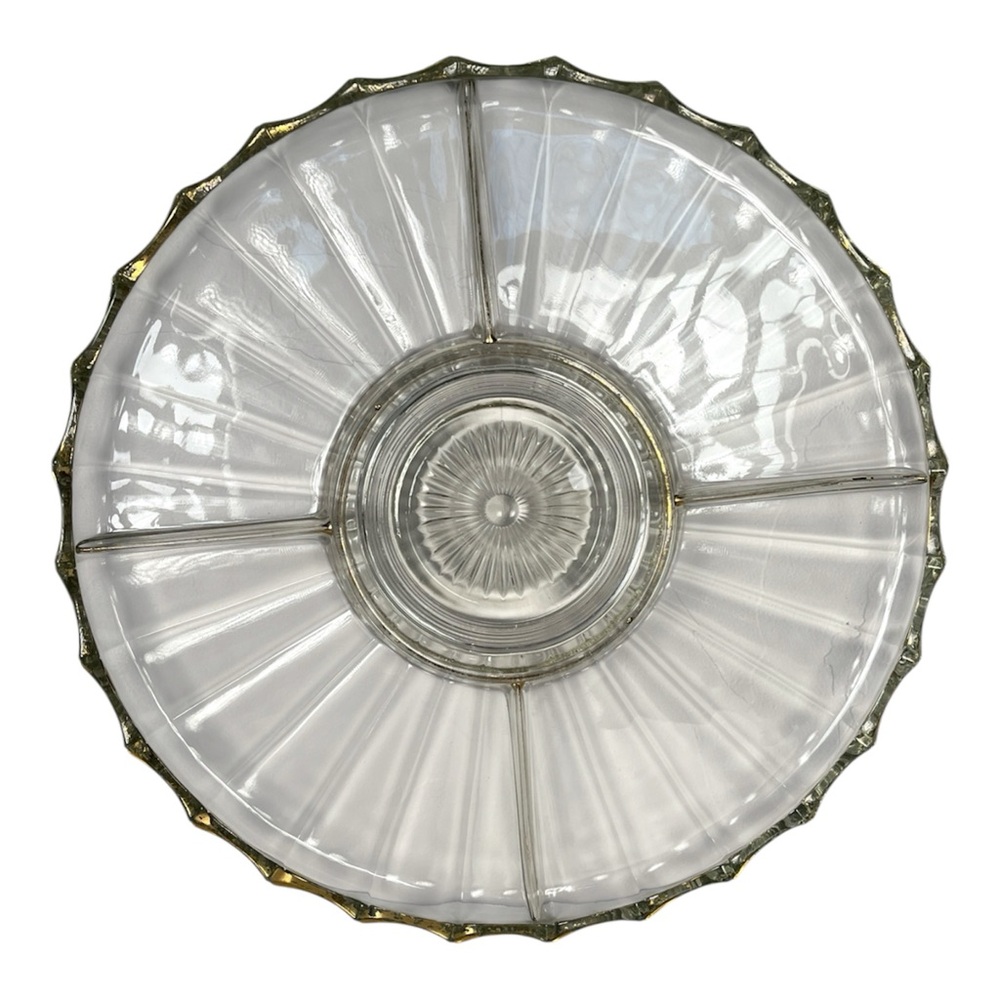 13" Vintage 1953 Jeannette Dewdrop 5 part divided Glass Relish Tray Gold Trim